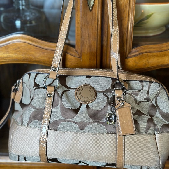 EUC COACH KHAKI SIGNATURE TAN STRIPED LEATHER BAG SATCHEL SHOULDER PURSE - Picture 1 of 11